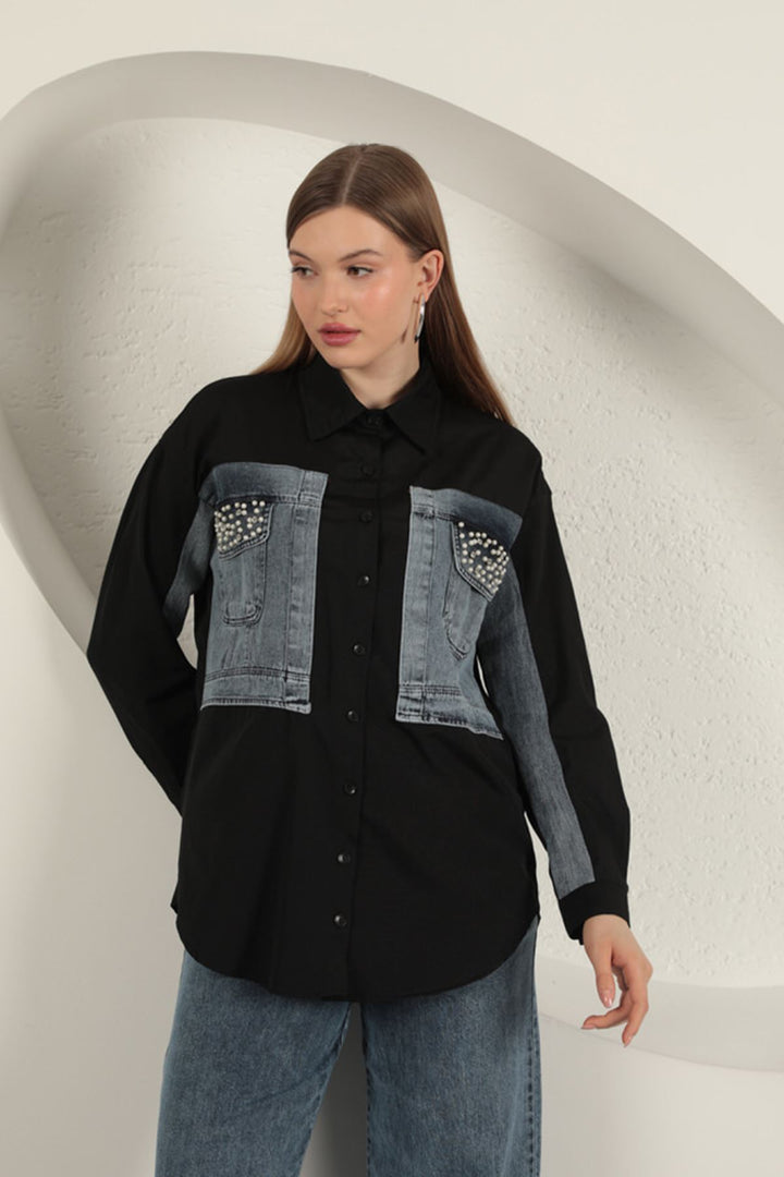 KKT Poplin Fabric Denim Garnished Black Women's Shirt - Pembroke Pines