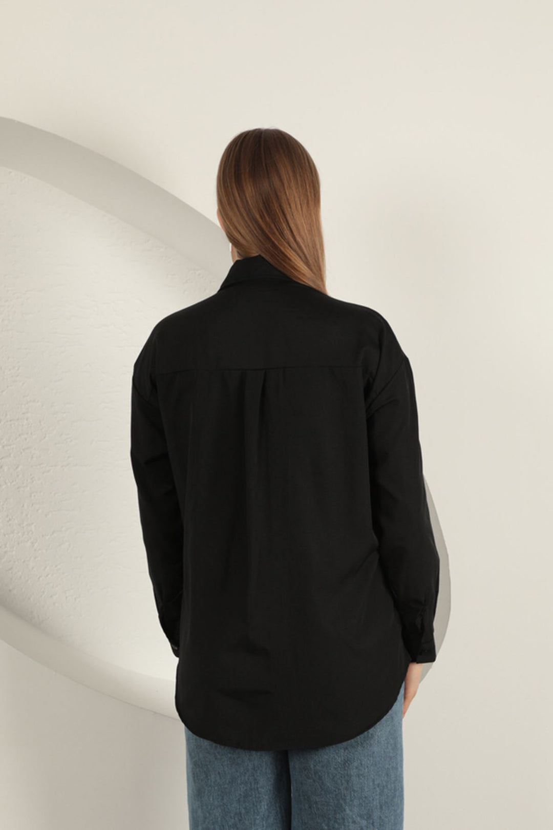 KKT Poplin Fabric Denim Garnished Black Women's Shirt - Pembroke Pines