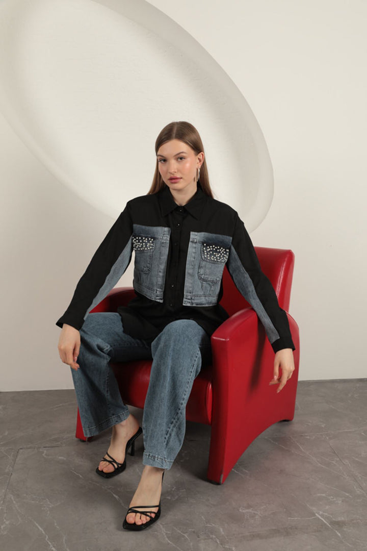 KKT Poplin Fabric Denim Garnished Black Women's Shirt - Pembroke Pines