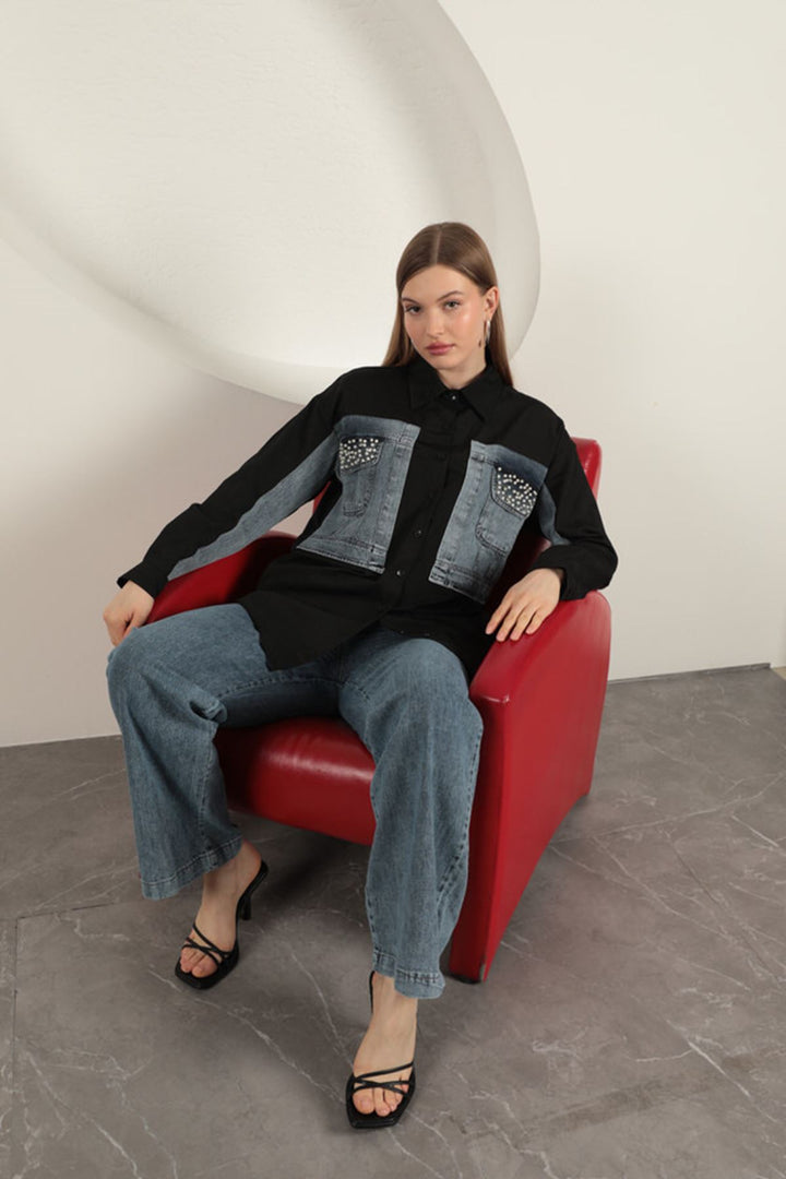 KKT Poplin Fabric Denim Garnished Black Women's Shirt - Pembroke Pines