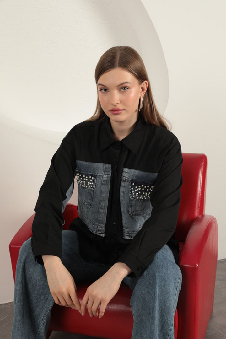 KKT Poplin Fabric Denim Garnished Black Women's Shirt - Pembroke Pines