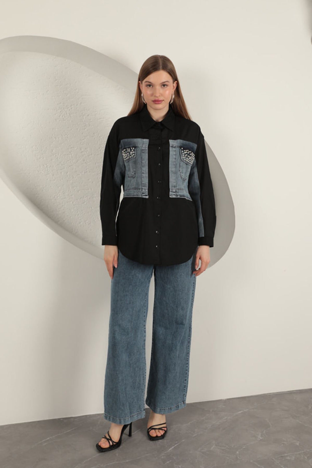 KKT Poplin Fabric Denim Garnished Black Women's Shirt - Pembroke Pines