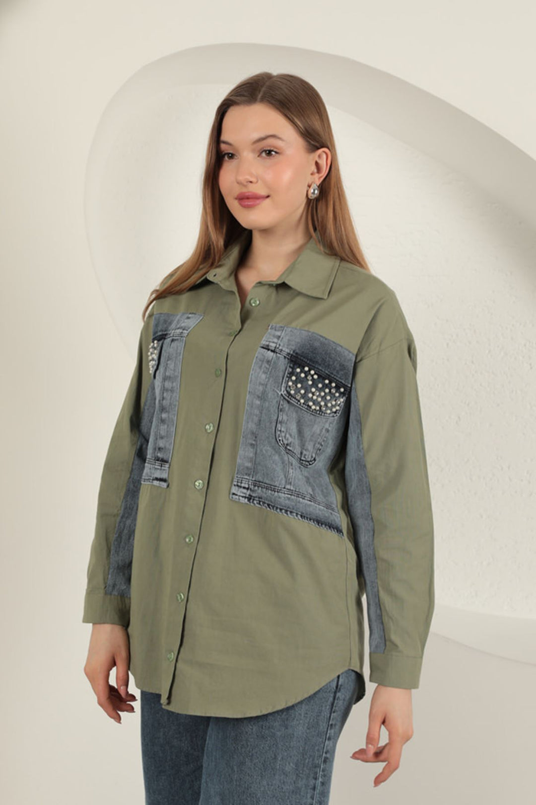 KKT Poplin Fabric Denim Garnish Khaki Women's Shirt - Klagenfurt