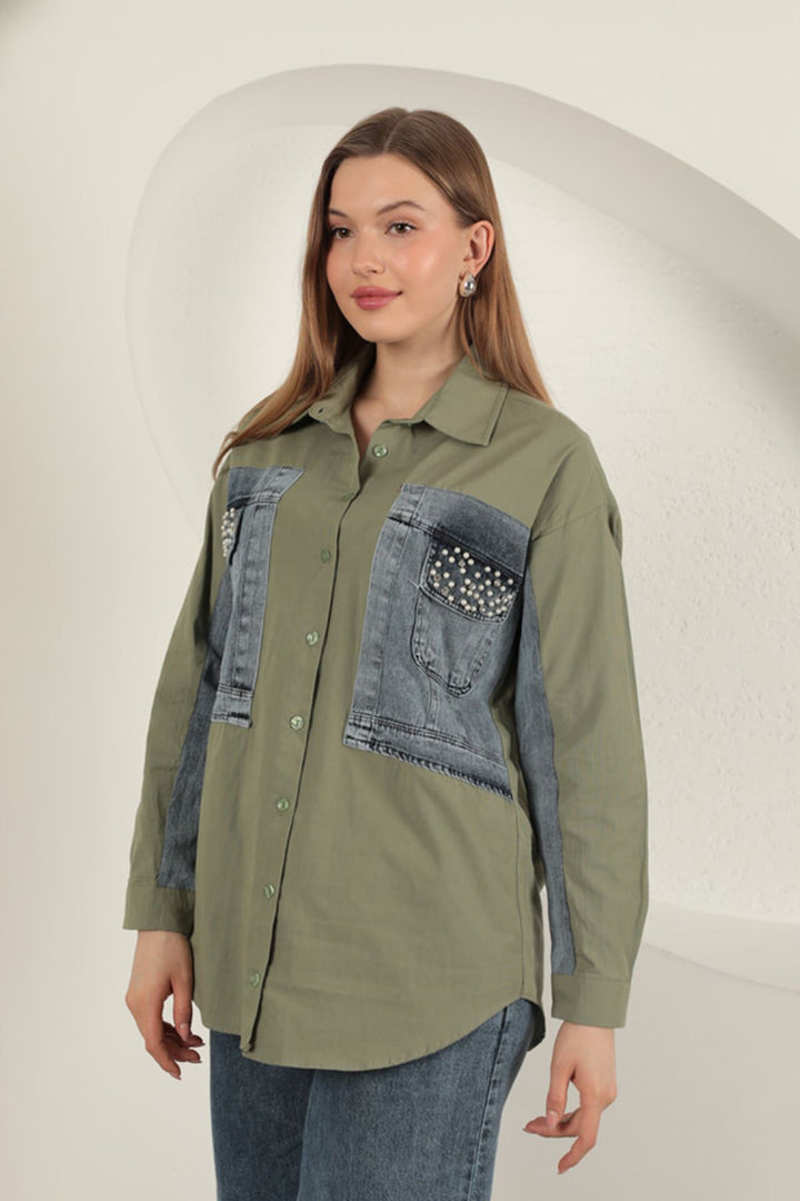 KKT Poplin Fabric Denim Garnish Khaki Women's Shirt - Klagenfurt