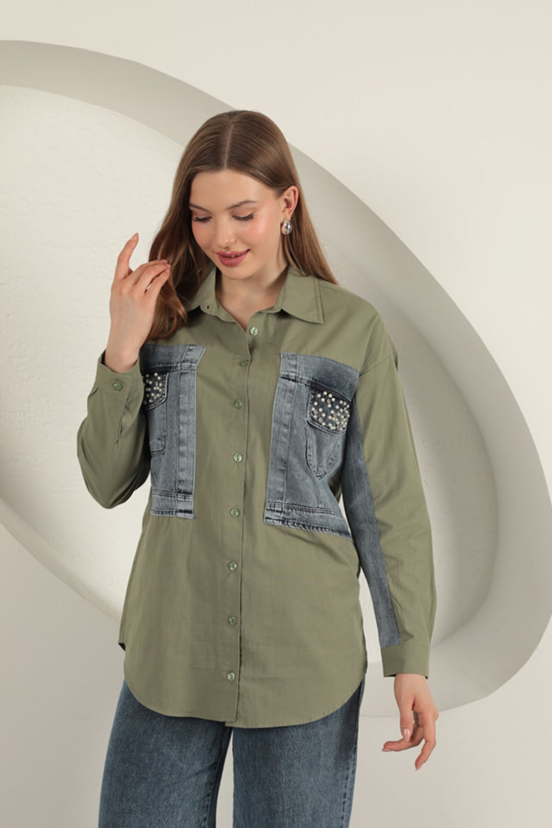 KKT Poplin Fabric Denim Garnish Khaki Women's Shirt - Klagenfurt