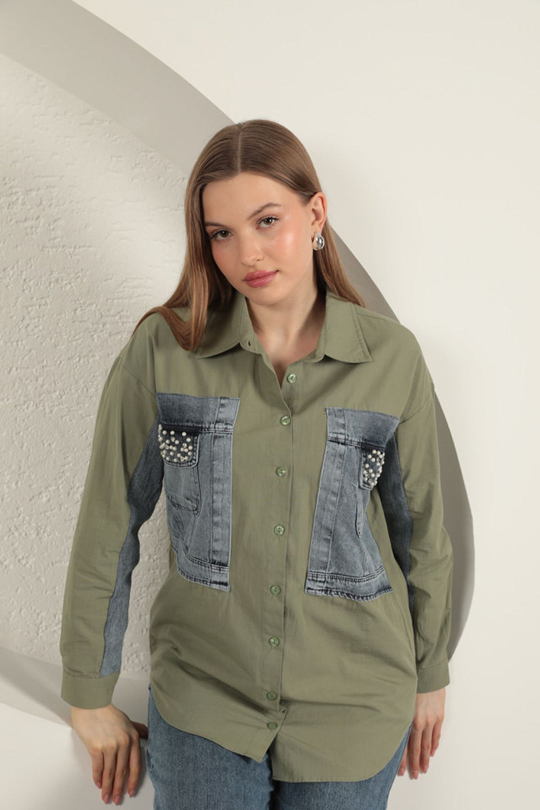 KKT Poplin Fabric Denim Garnish Khaki Women's Shirt - Klagenfurt