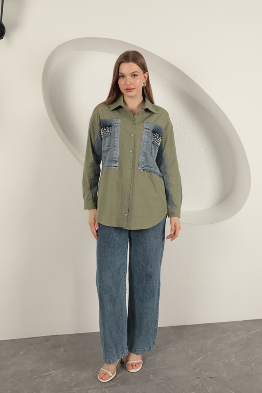 KKT Poplin Fabric Denim Garnish Khaki Women's Shirt - Klagenfurt