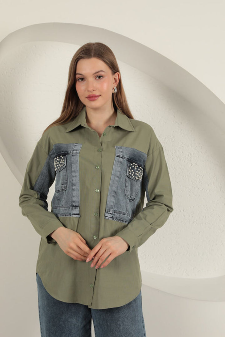 KKT Poplin Fabric Denim Garnish Khaki Women's Shirt - Klagenfurt