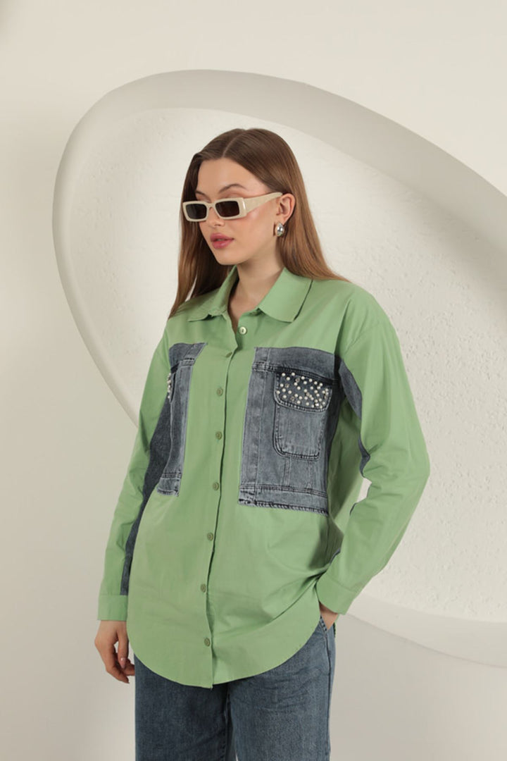 KKT Poplin Fabric Denim Garnished Pistachio Green Women's Shirt - Fastiv