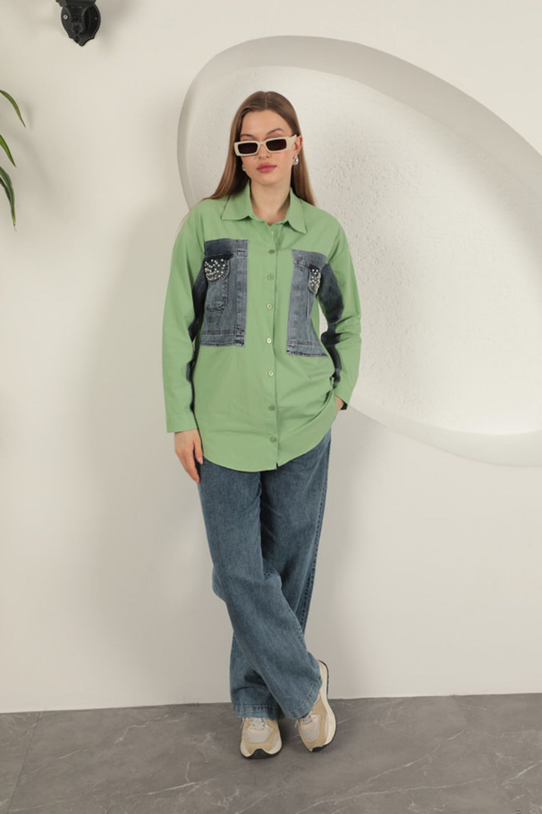 KKT Poplin Fabric Denim Garnished Pistachio Green Women's Shirt - Fastiv