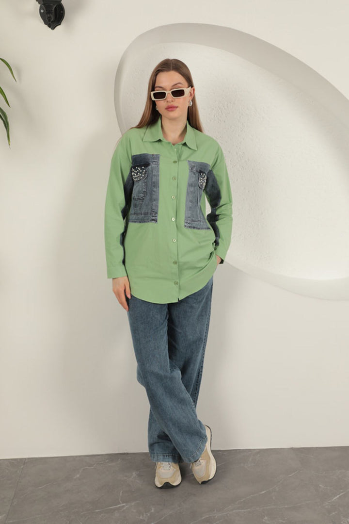 KKT Poplin Fabric Denim Garnished Pistachio Green Women's Shirt - Fastiv