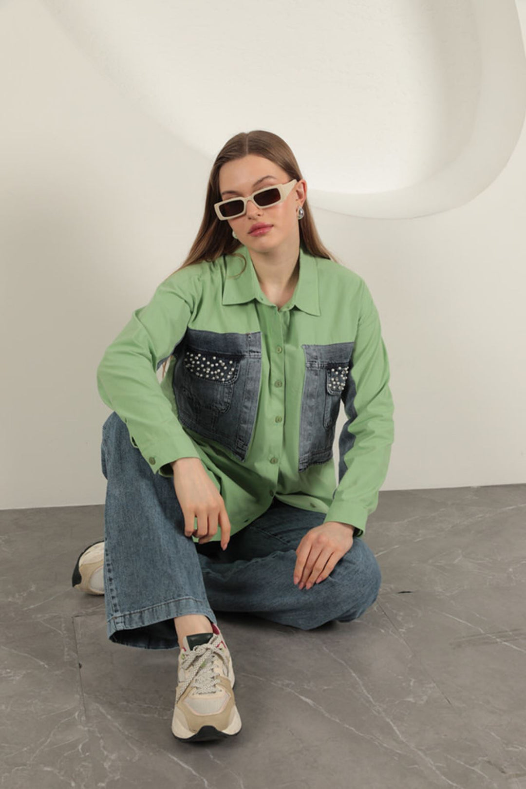 KKT Poplin Fabric Denim Garnished Pistachio Green Women's Shirt - Fastiv