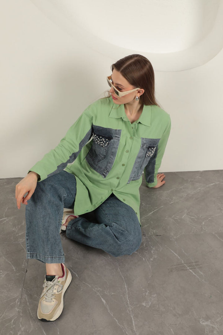 KKT Poplin Fabric Denim Garnished Pistachio Green Women's Shirt - Fastiv