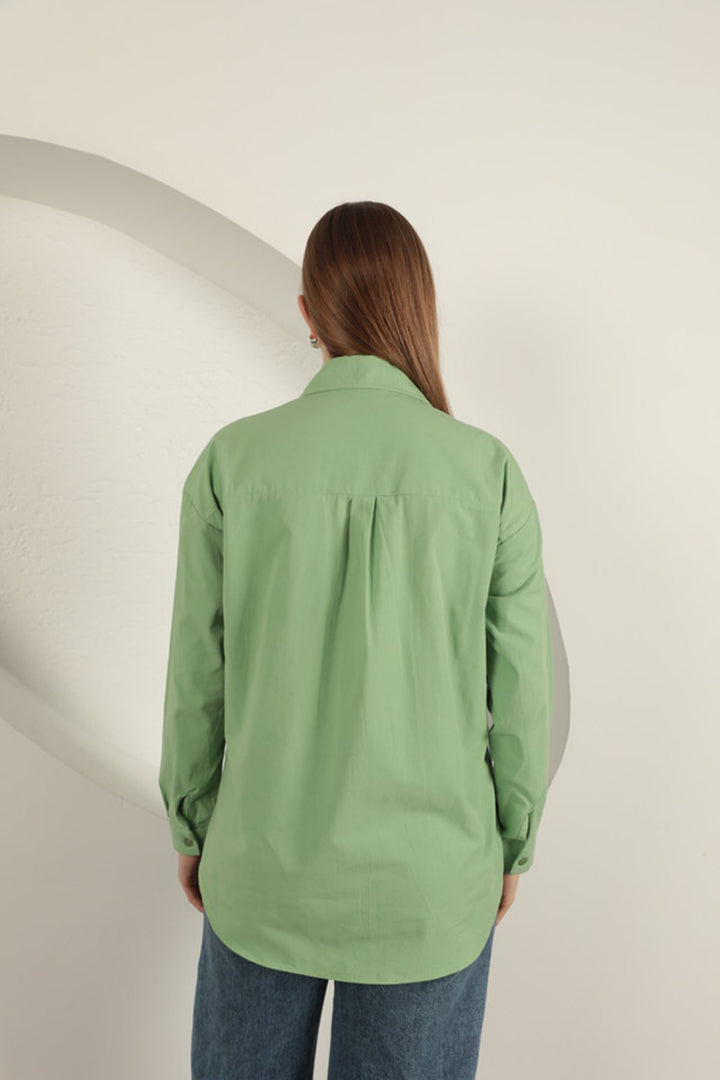 KKT Poplin Fabric Denim Garnished Pistachio Green Women's Shirt - Fastiv