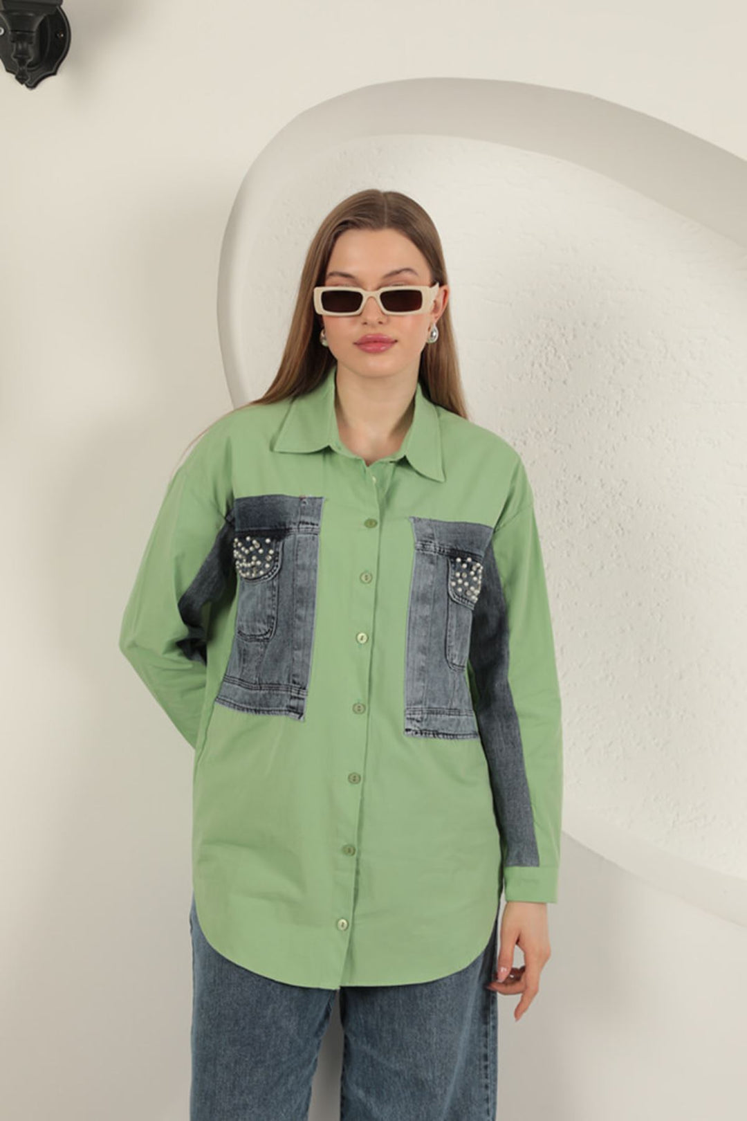 KKT Poplin Fabric Denim Garnished Pistachio Green Women's Shirt - Fastiv