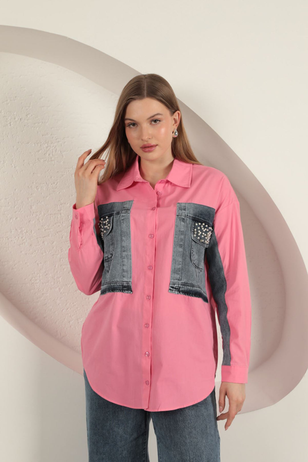 KKT Poplin Fabric Denim Garnish Pink Women's Shirt - Lenexa