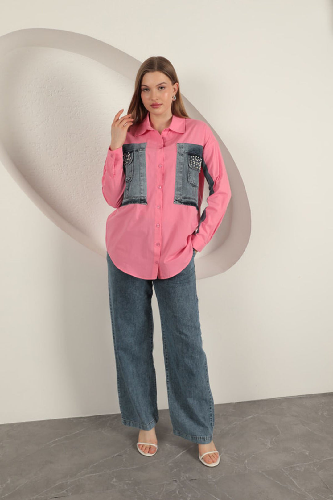 KKT Poplin Fabric Denim Garnish Pink Women's Shirt - Lenexa