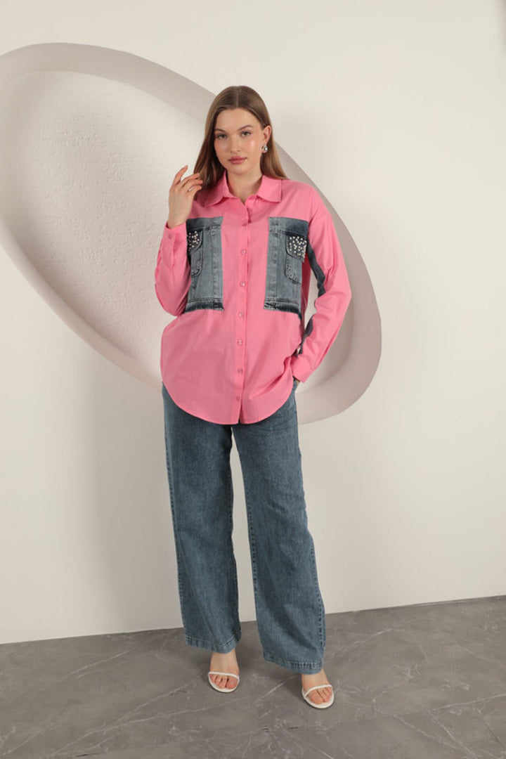 KKT Poplin Fabric Denim Garnish Pink Women's Shirt - Lenexa
