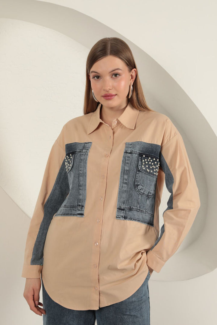 KKT Poplin Fabric Denim Garnished Beige Women's Shirt - Paracho de Verduzco