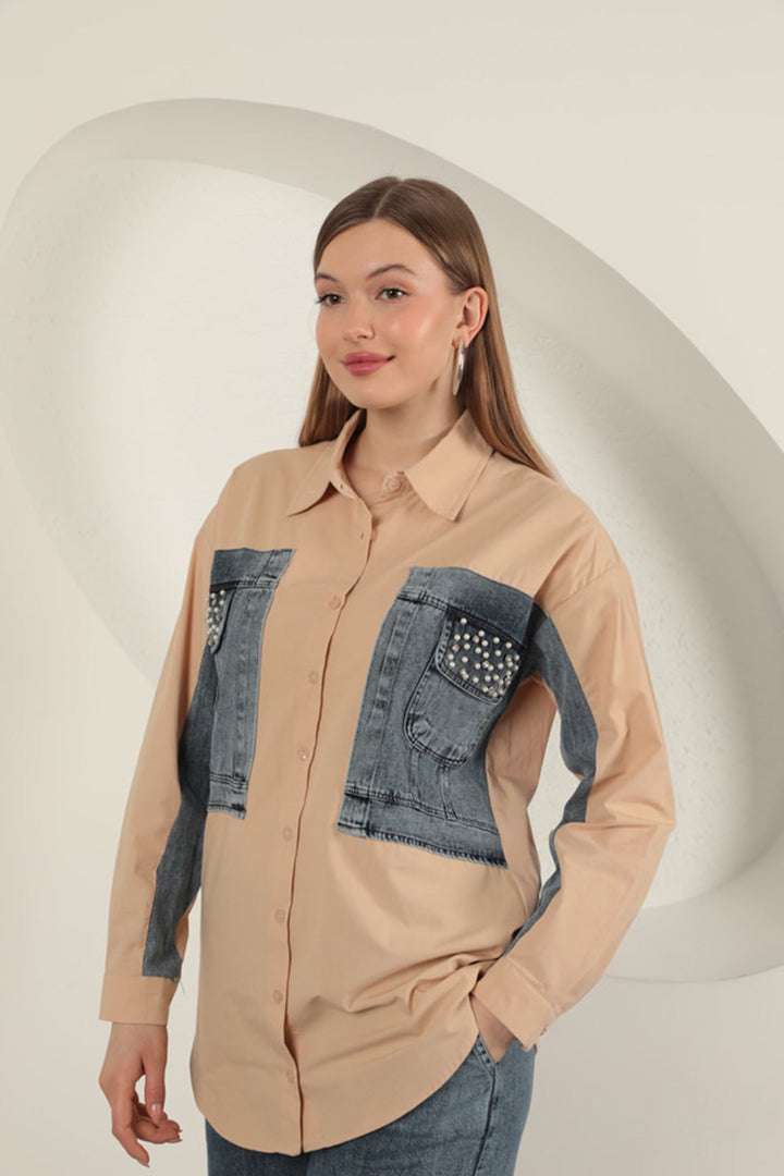 KKT Poplin Fabric Denim Garnished Beige Women's Shirt - Paracho de Verduzco