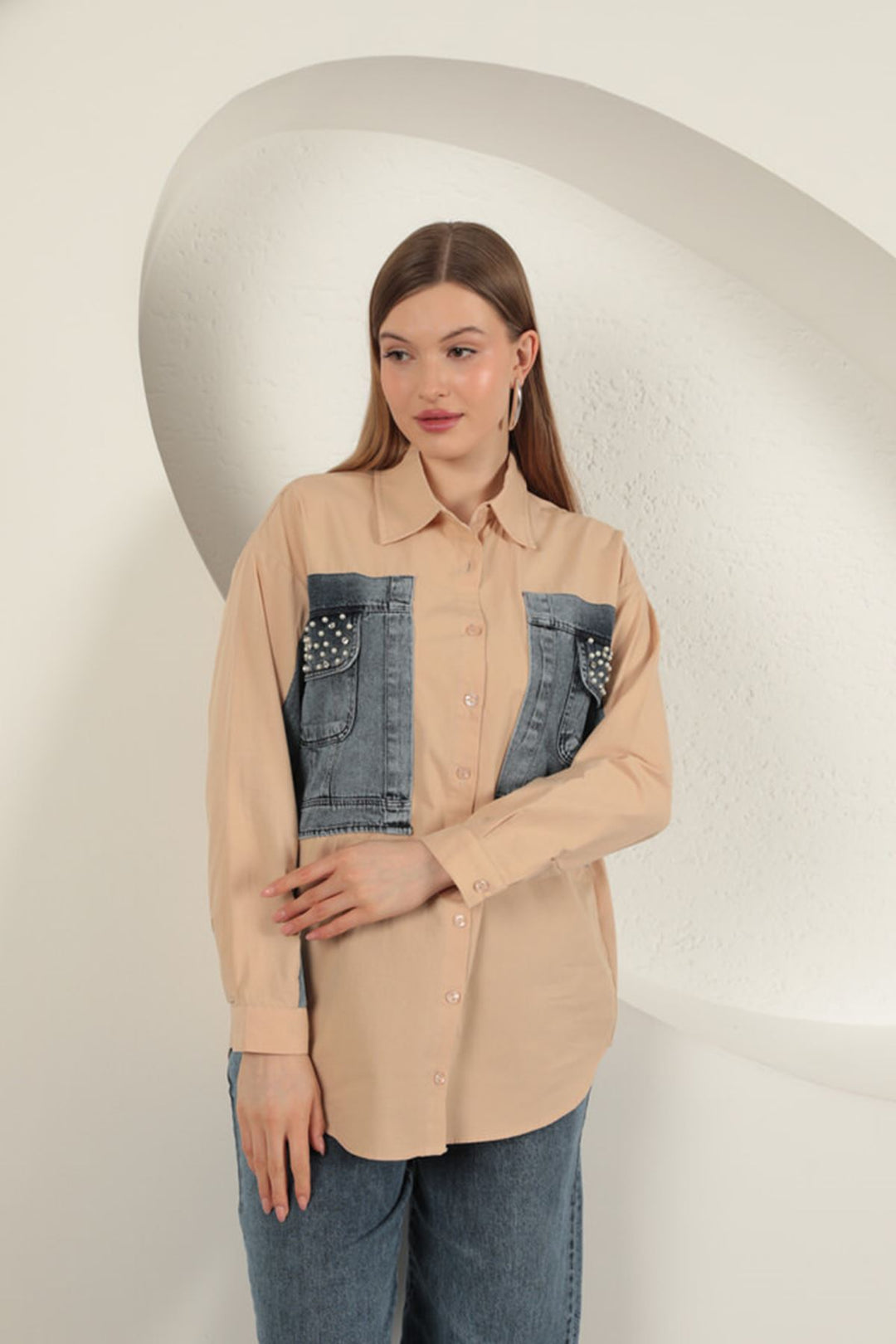 KKT Poplin Fabric Denim Garnished Beige Women's Shirt - Paracho de Verduzco