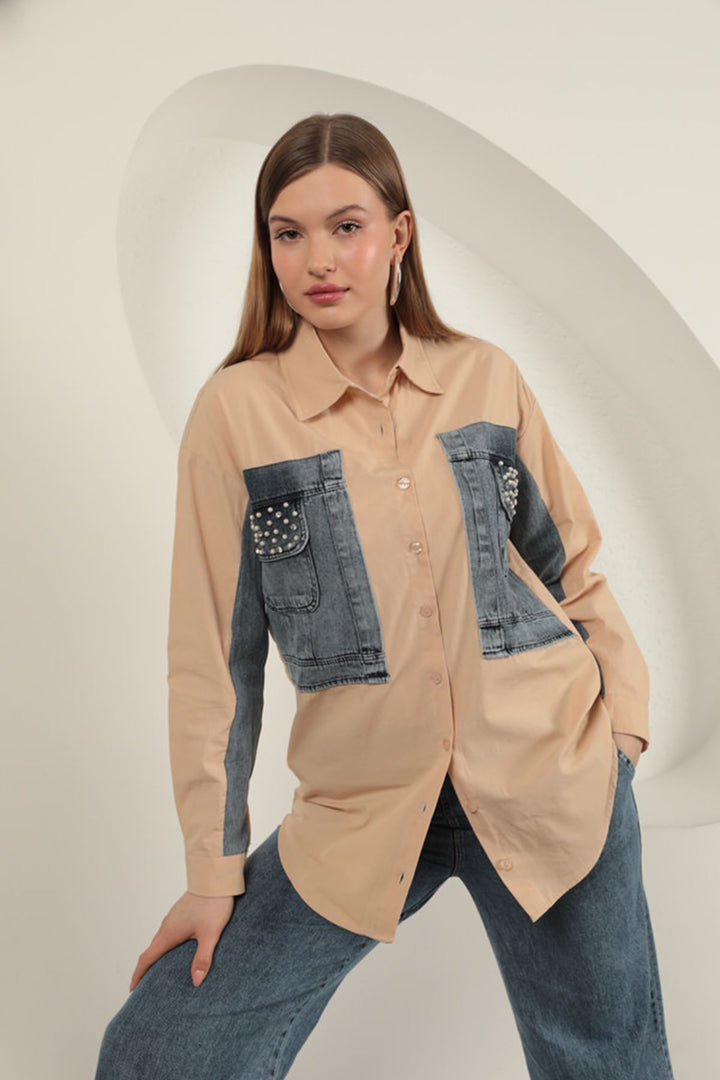 KKT Poplin Fabric Denim Garnished Beige Women's Shirt - Paracho de Verduzco