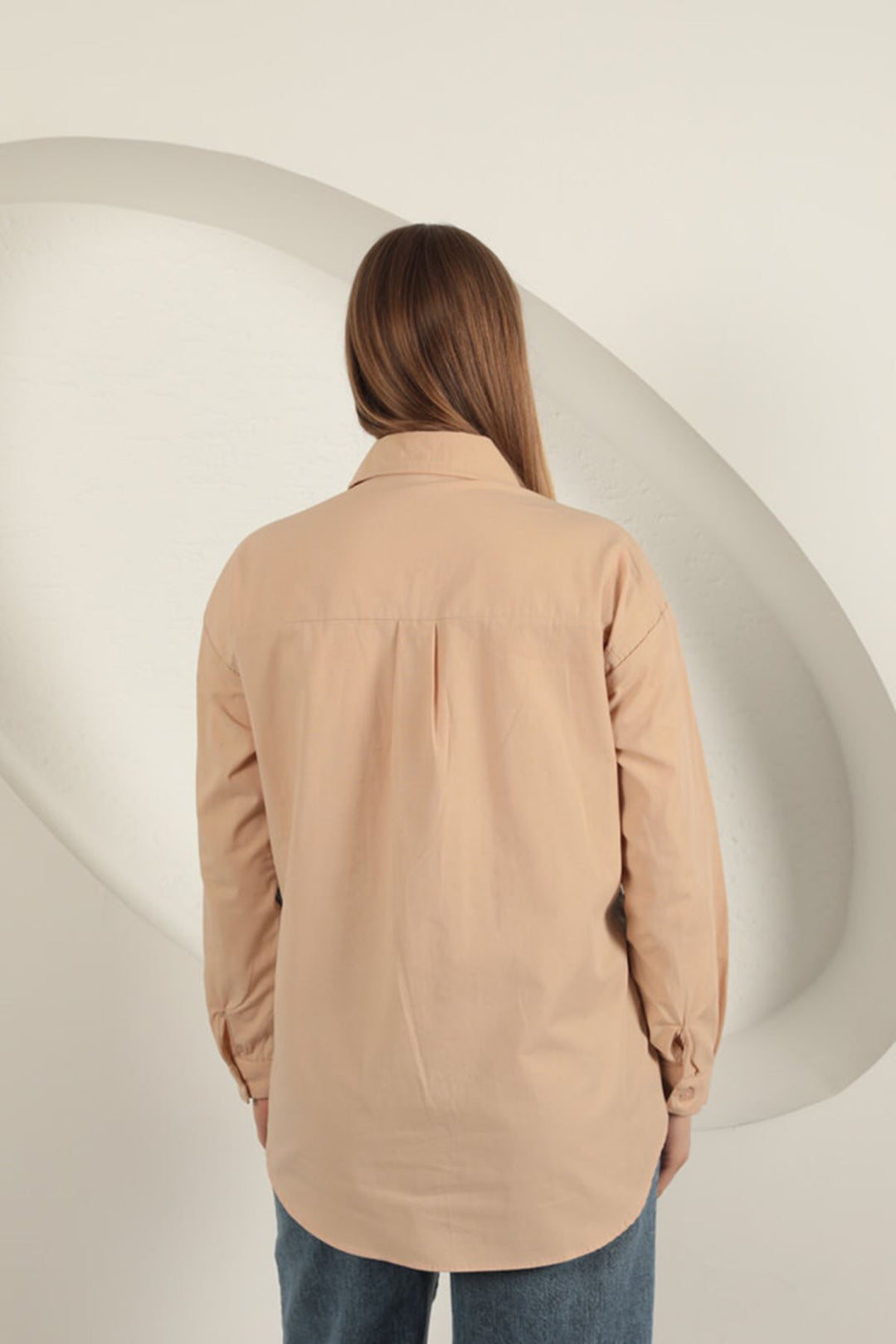 KKT Poplin Fabric Denim Garnished Beige Women's Shirt - Paracho de Verduzco