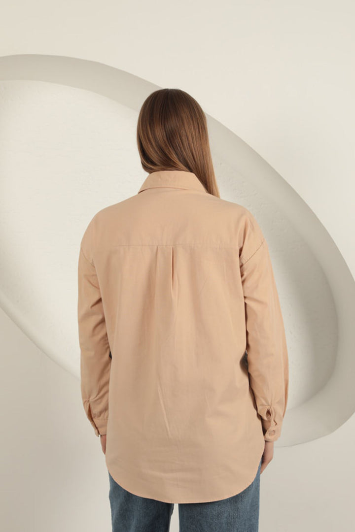 KKT Poplin Fabric Denim Garnished Beige Women's Shirt - Paracho de Verduzco