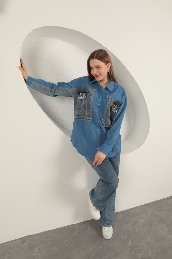 KKT Poplin Fabric Denim Garnish Indigo Women's Shirt - Charleston