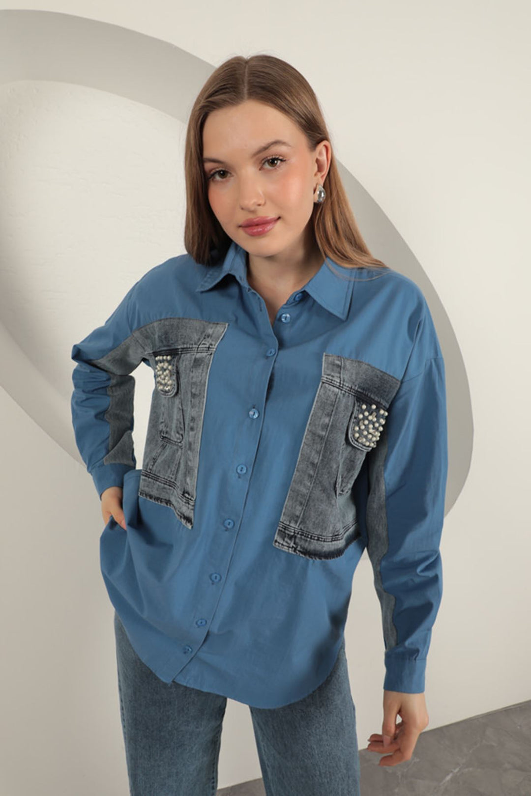 KKT Poplin Fabric Denim Garnish Indigo Women's Shirt - Charleston