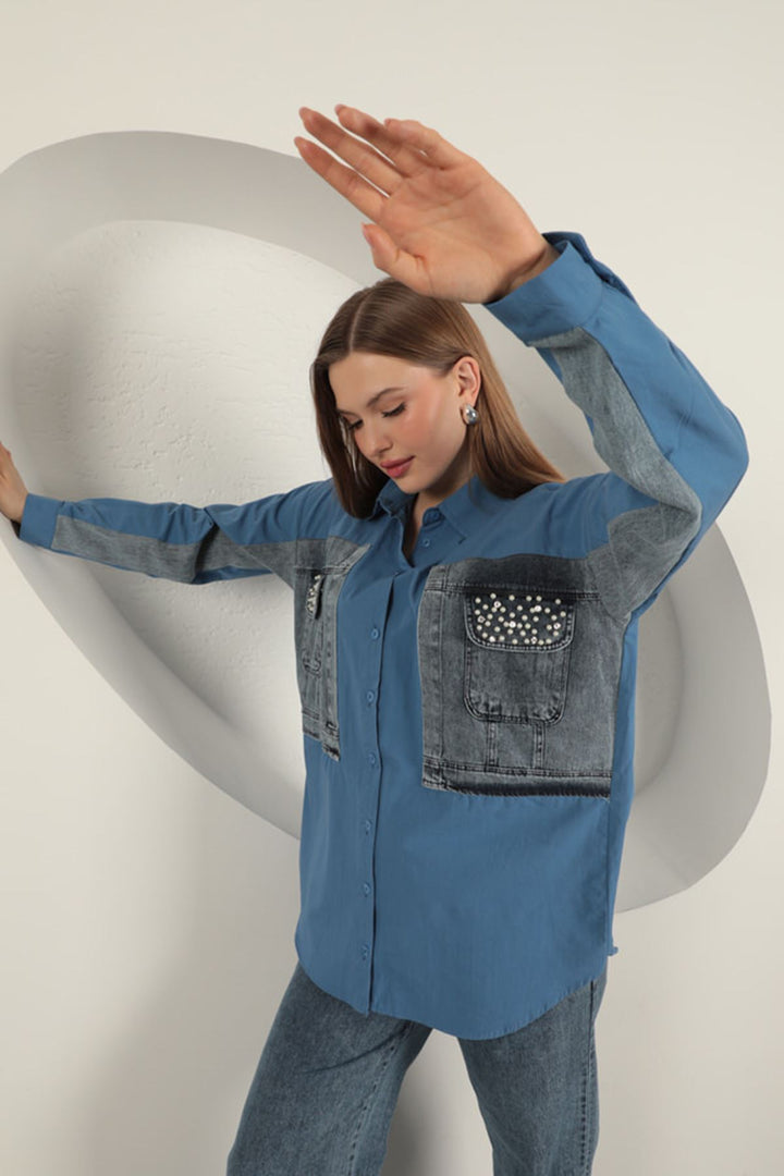 KKT Poplin Fabric Denim Garnish Indigo Women's Shirt - Charleston