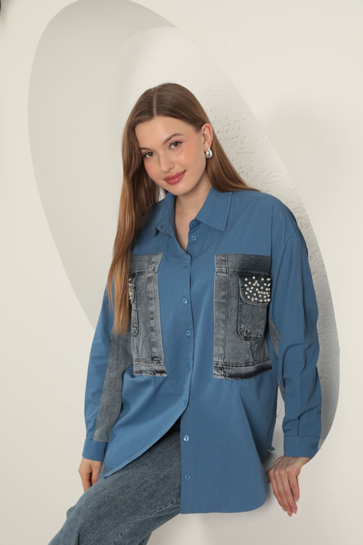 KKT Poplin Fabric Denim Garnish Indigo Women's Shirt - Charleston
