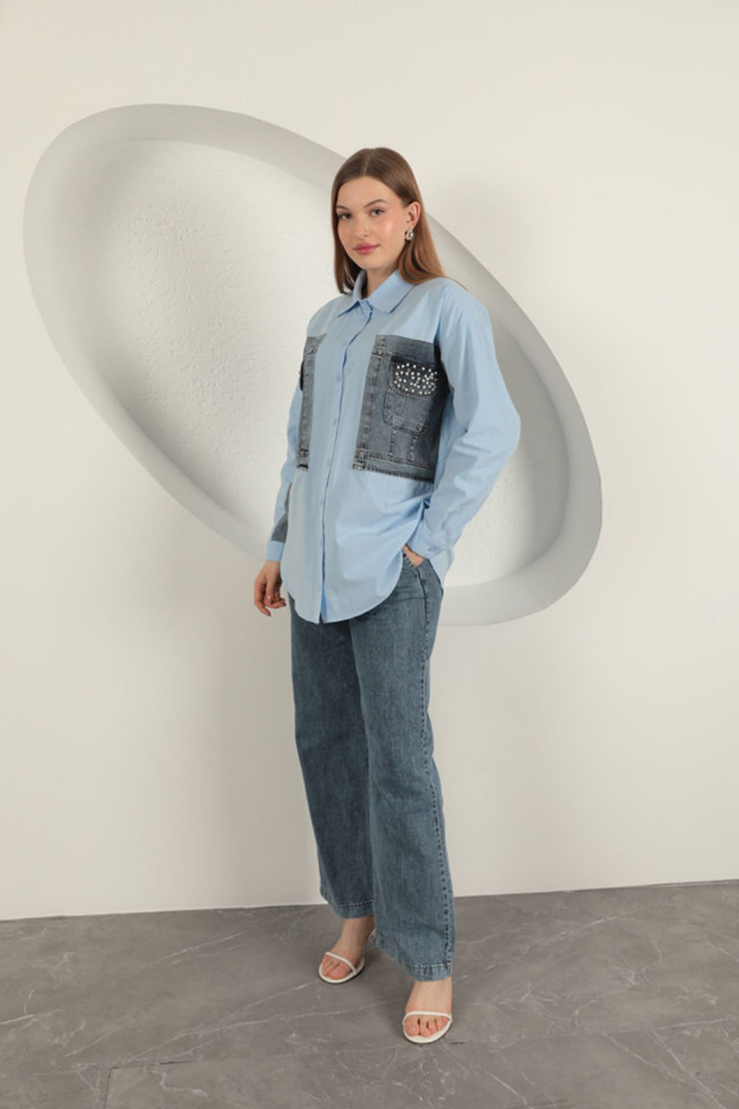 KKT Poplin Fabric Denim Garnished Blue Women's Shirt - Saarbrücken