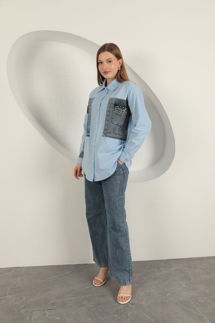 KKT Poplin Fabric Denim Garnished Blue Women's Shirt - Saarbrücken