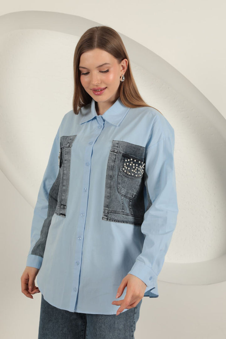 KKT Poplin Fabric Denim Garnished Blue Women's Shirt - Saarbrücken