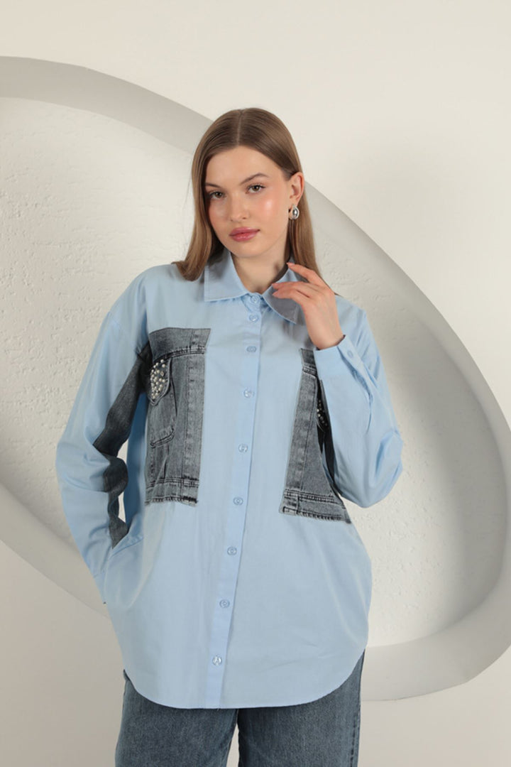 KKT Poplin Fabric Denim Garnished Blue Women's Shirt - Saarbrücken