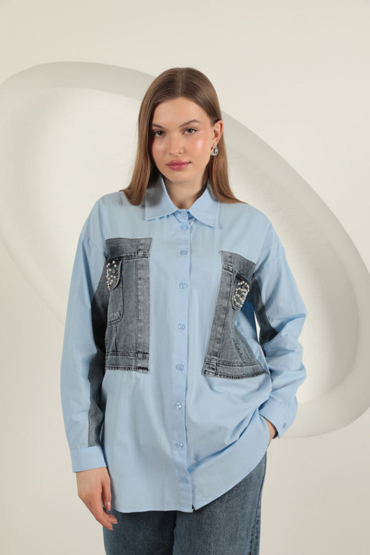 KKT Poplin Fabric Denim Garnished Blue Women's Shirt - Saarbrücken