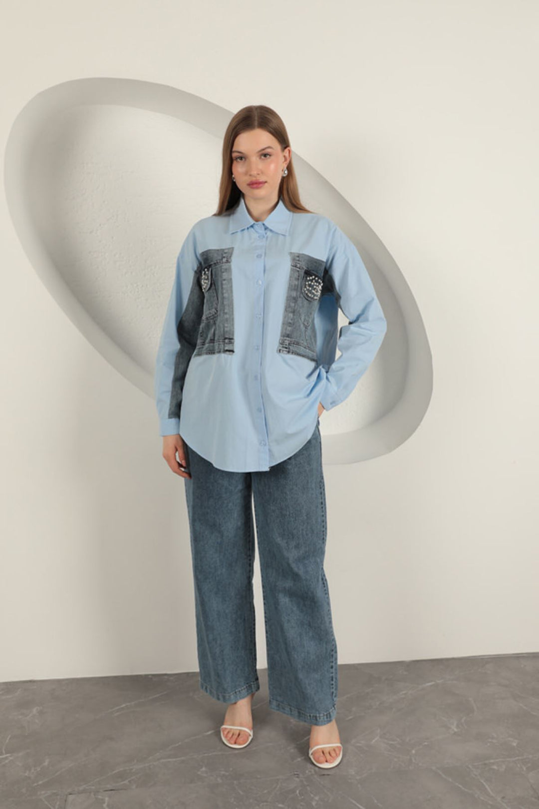 KKT Poplin Fabric Denim Garnished Blue Women's Shirt - Saarbrücken