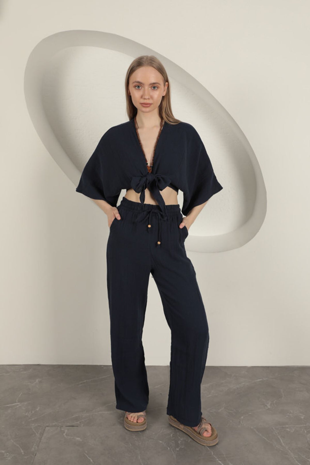 KKT Wide Leg Women's Trousers-Navy Blue - Craiova