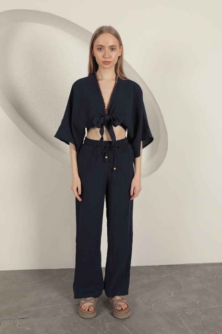 KKT Wide Leg Women's Trousers-Navy Blue - Craiova