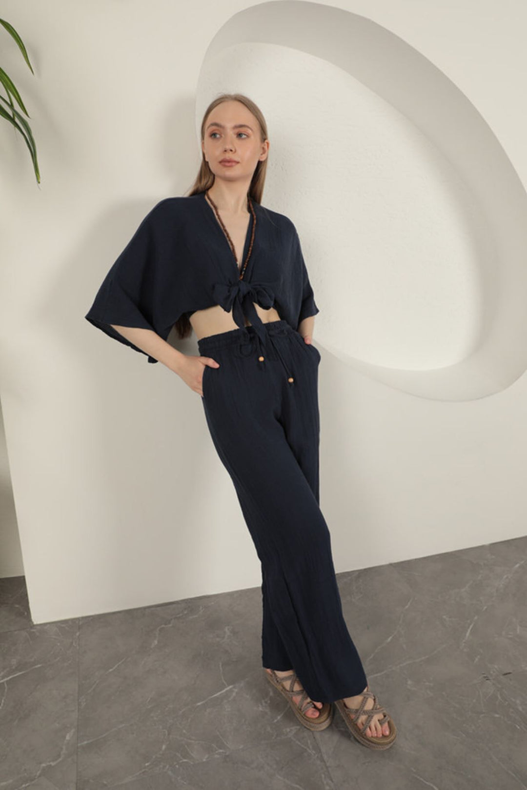 KKT Wide Leg Women's Trousers-Navy Blue - Craiova