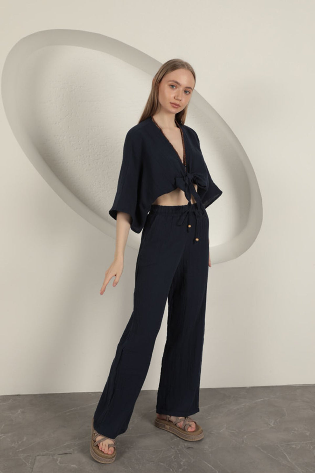 KKT Wide Leg Women's Trousers-Navy Blue - Craiova
