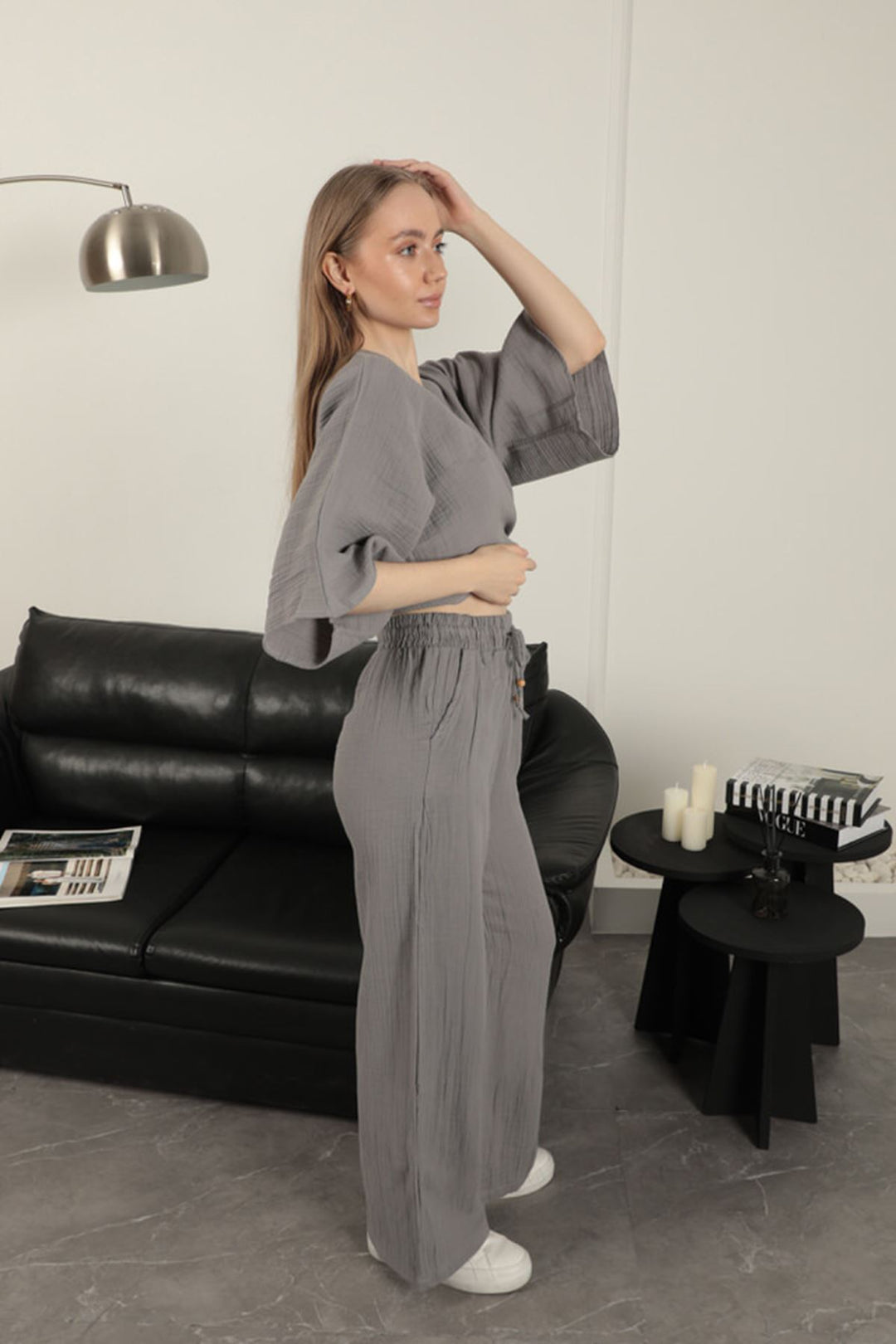 KKT Wide Leg Women's Trousers-Grey - Giugliano in Campania