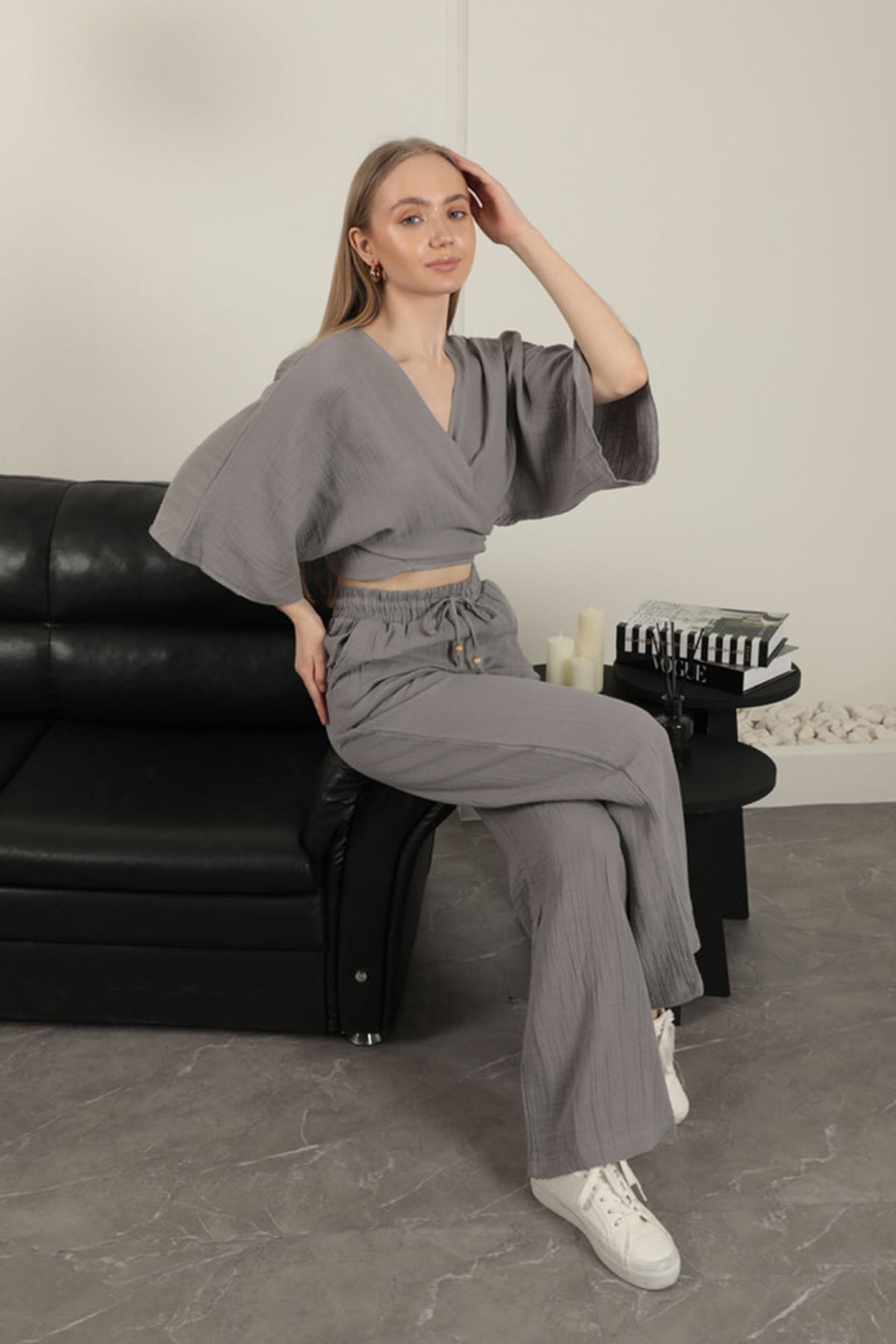 KKT Wide Leg Women's Trousers-Grey - Giugliano in Campania