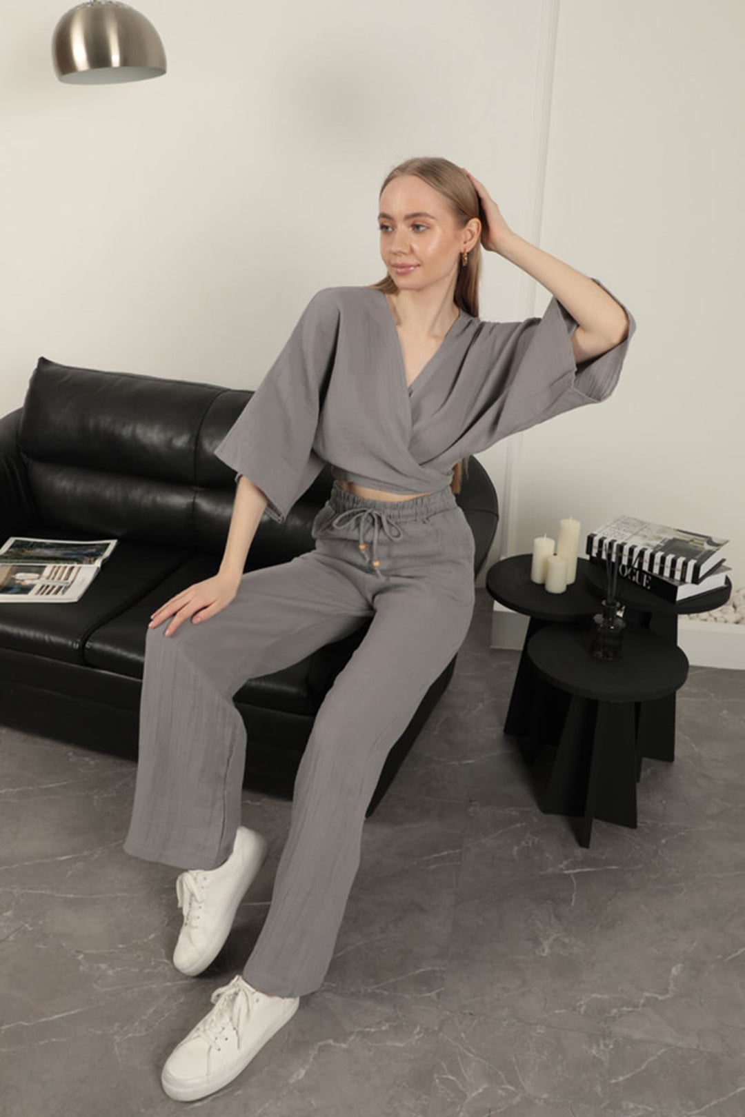 KKT Wide Leg Women's Trousers-Grey - Giugliano in Campania