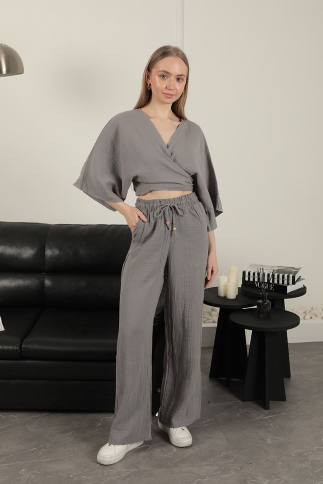 KKT Wide Leg Women's Trousers-Grey - Giugliano in Campania
