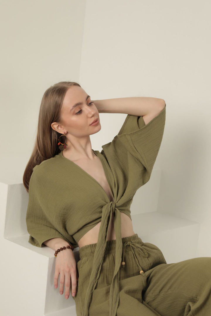 KKT Muslin Fabric Kimono-Khaki - Ahrensburg
