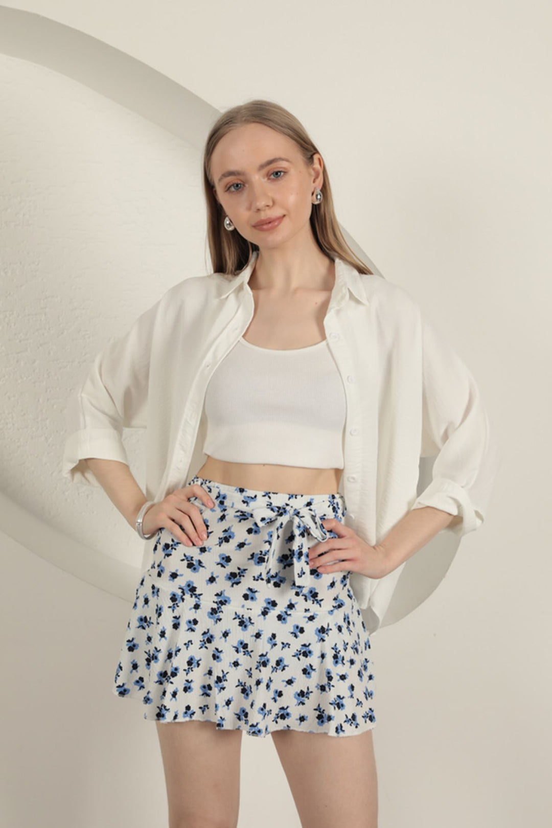 KKT Flower Pattern Short Skirt-Sax - Lugoj