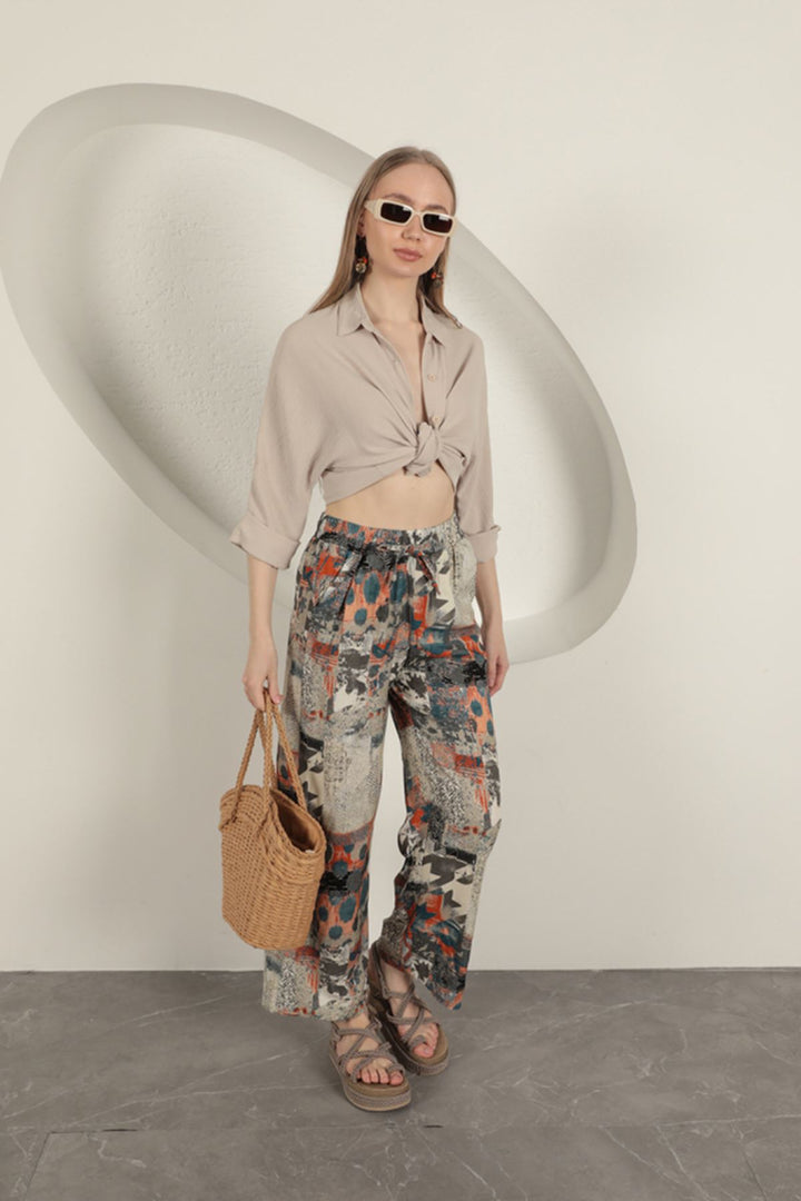 KKT Viscose Fabric Wide Women's Trousers-Beige - Etten-Leur