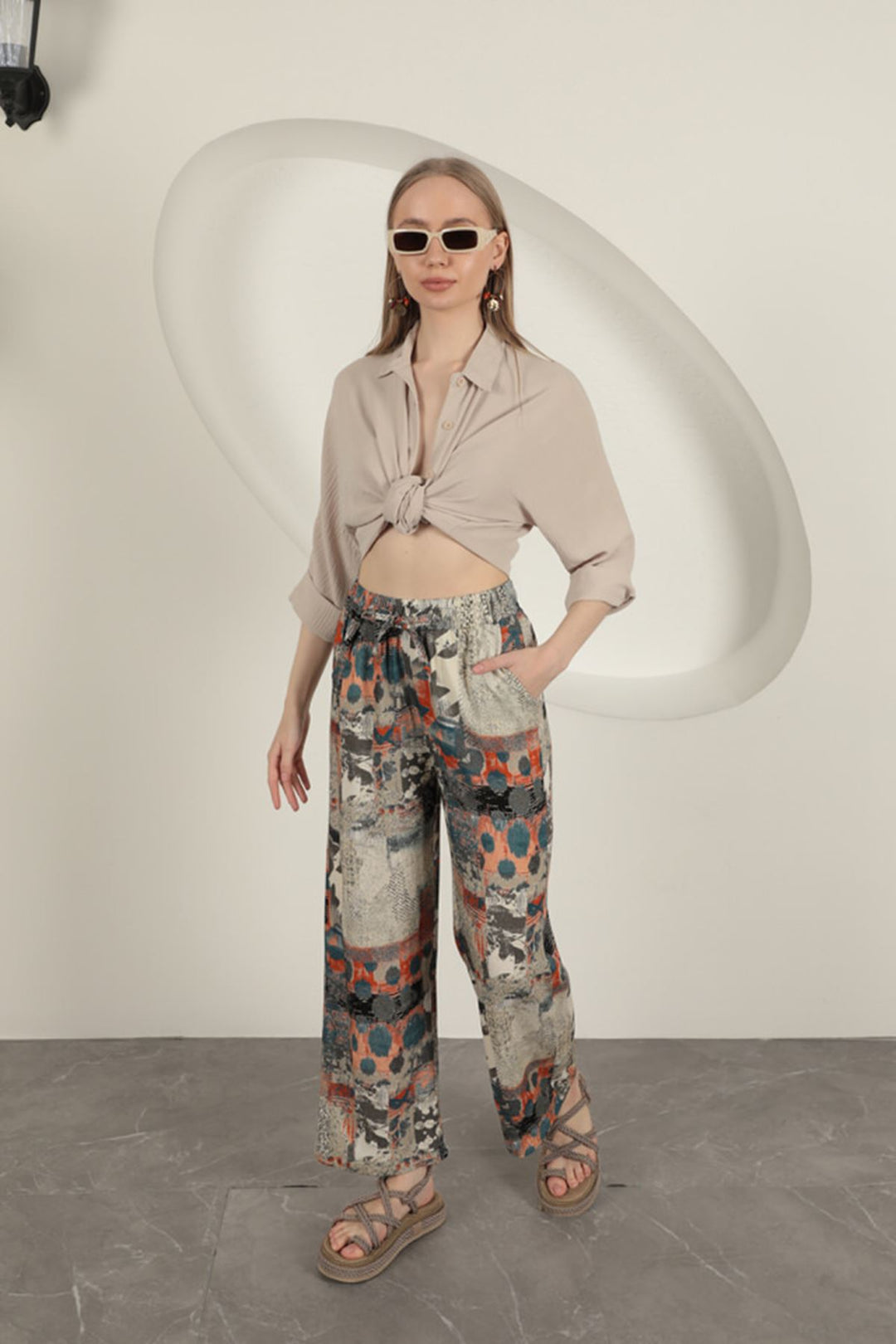 KKT Viscose Fabric Wide Women's Trousers-Beige - Etten-Leur